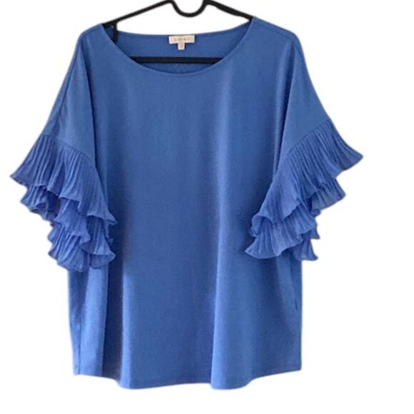 NWT Laura Plissé Ruffle Sleeve Top Vintage Blue Medium - Picture 4 of 10
